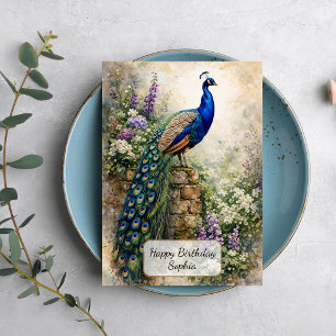 Carte Paon dans un jardin floral