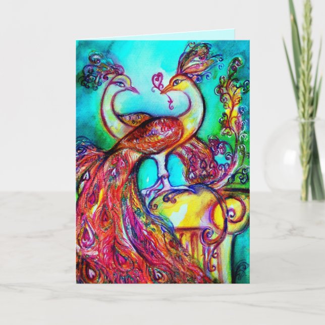 Carte PAONS EN AMOUR  rouge bleu turquoise vert (Devant)