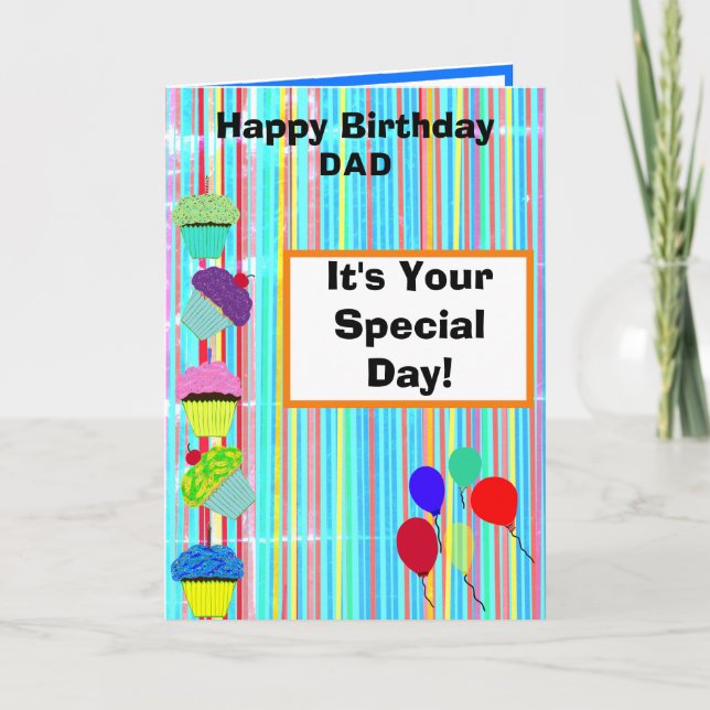 Carte Papa Birthday Balloons Cupcakes Stripes PHOTO (Devant)