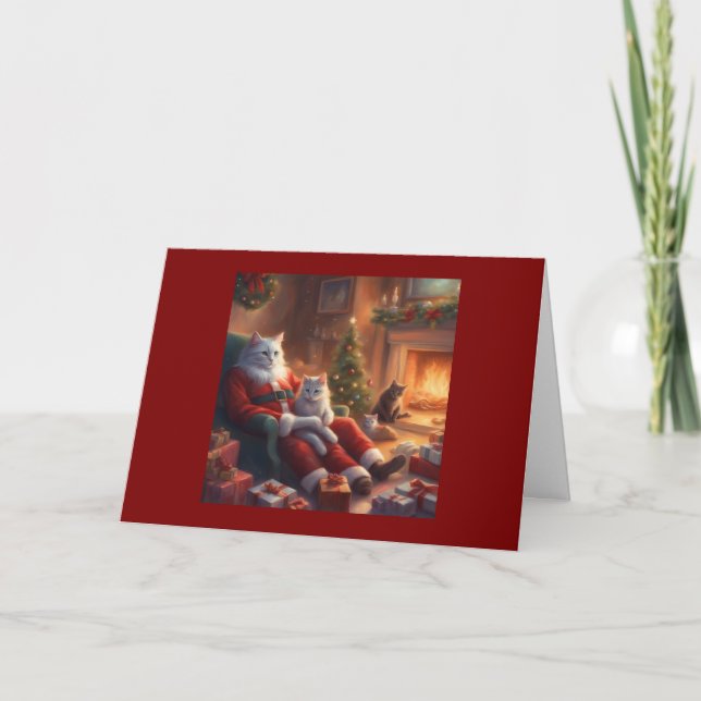 Carte Papa Chat en Père Noël avec des chatons à Noël (Devant)
