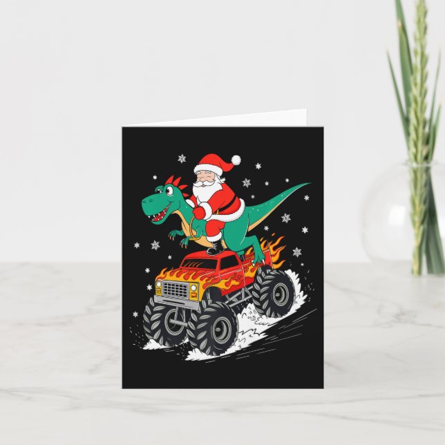 Carte Papa Noël à cheval sur un camion monstre T Rex din (Devant)