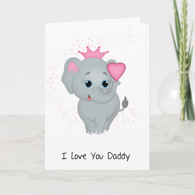 Carte Papa, Petite Princesse Éléphante Au Coeur Rose (Devant)