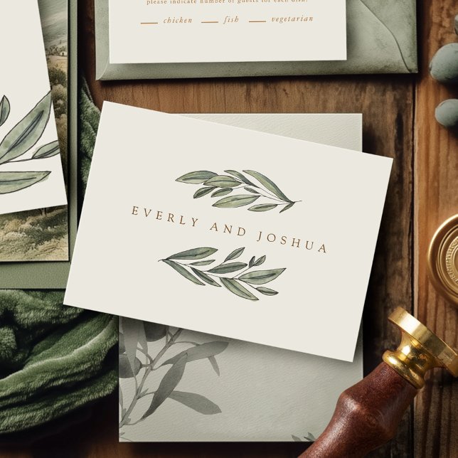 Carte Papeterie personnelle À feuillage persistant roman (Romantic Evergreen watercolor botanical wedding personal stationery greeting cards)