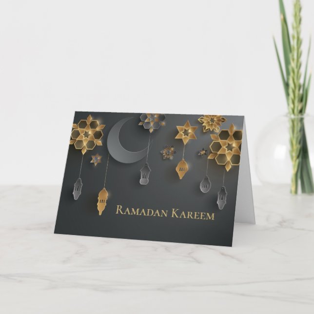 Carte Papier coupé Lanternes Ramadan, Lune, Fleurs, Noir (Devant)