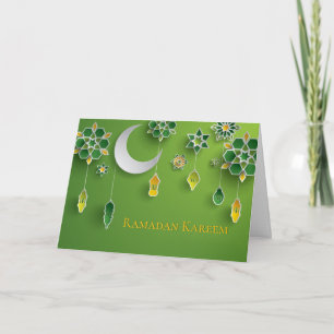 Carte Papier coupé Lanternes Ramadan, Lune, Fleurs, Vert