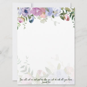 Carte Papier floral aquarelle pastel Jérémie 29:13 écrit