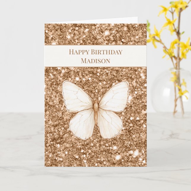 Carte Papillon Anniversaire Blanc Paillettes Faux Or (Fleur jaune)
