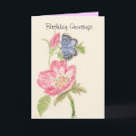 Carte Papillon assez bleu sur la fleur rose<br><div class="desc">Fleurs roses sauvages peintes et un papillon bleu sur la carte d'anniversaire. Ajoutez les noms et d'autres détails.</div>