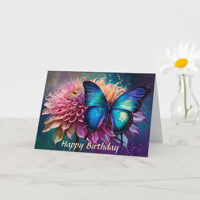 Carte Papillon bleu et Dahlia (Petite plante)