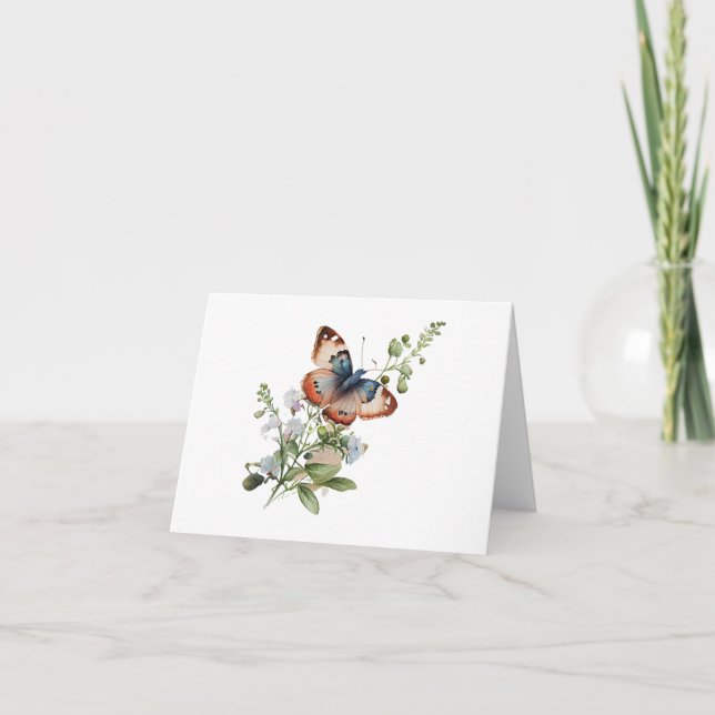 Carte Papillon bleu et orange avec tige de fleur BLANC (Devant)