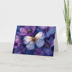 Carte Papillon Bleu sur Fleurs Violettes