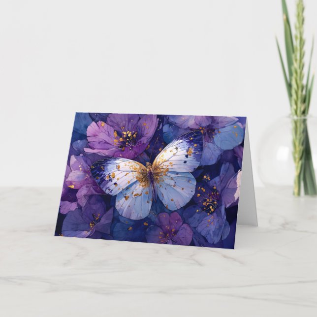 Carte Papillon Bleu sur Fleurs Violettes (Devant)