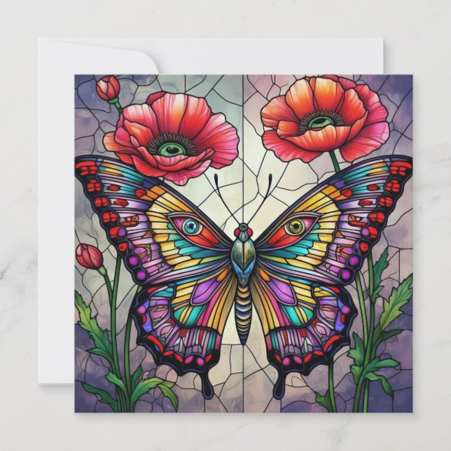 Carte Papillon & Coquelicot Vitrail Insecte Art Bug (Devant)