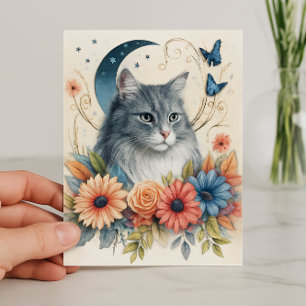 Carte Papillon de chat gris Floral