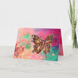 Carte PAPILLON EN  PAILLETTES D'OR ,Rose Vert Turquoise