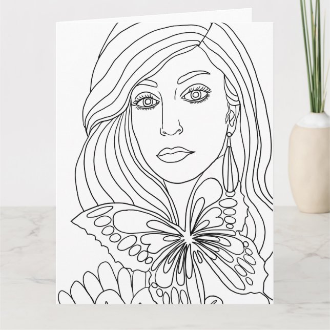 Carte Papillon Fille Femme face Coloration page (Devant)