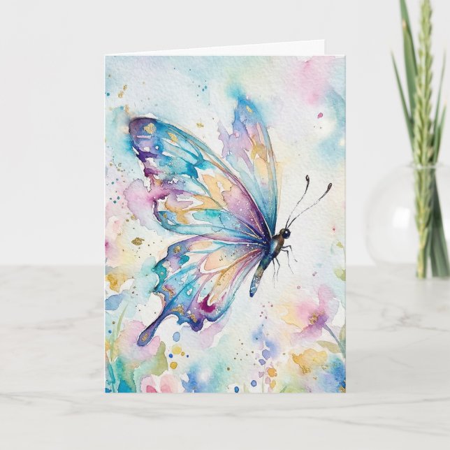 Carte Papillon Floral Aquarelle Coloré (Devant)