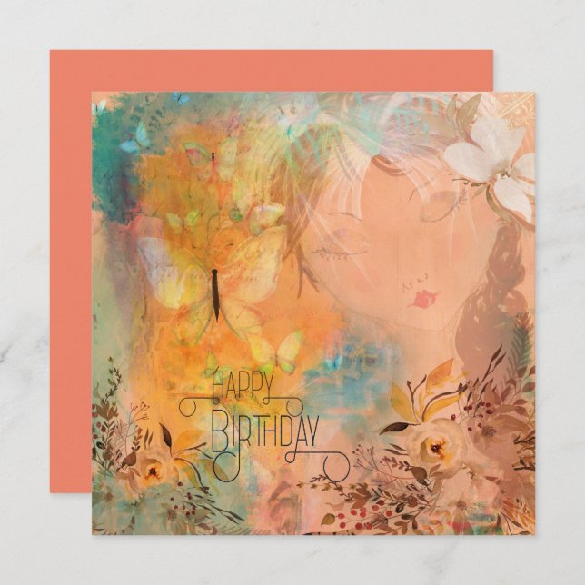 Carte Papillon floral Whimsical Girl Joyeux anniversaire (Devant / Derrière)
