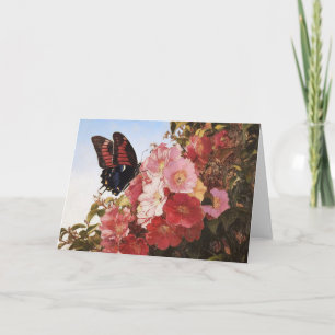 Carte Papillon impressionniste et fleurs roses