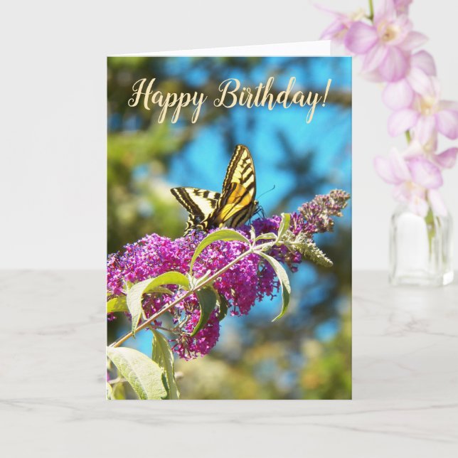 Carte Papillon Jaune sur Fleurs Roses Anniversaire (Orchidée)