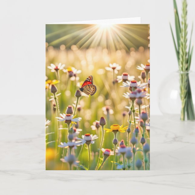 Carte Papillon Monarque Anniversaire Sur Fleur sauvage (Devant)