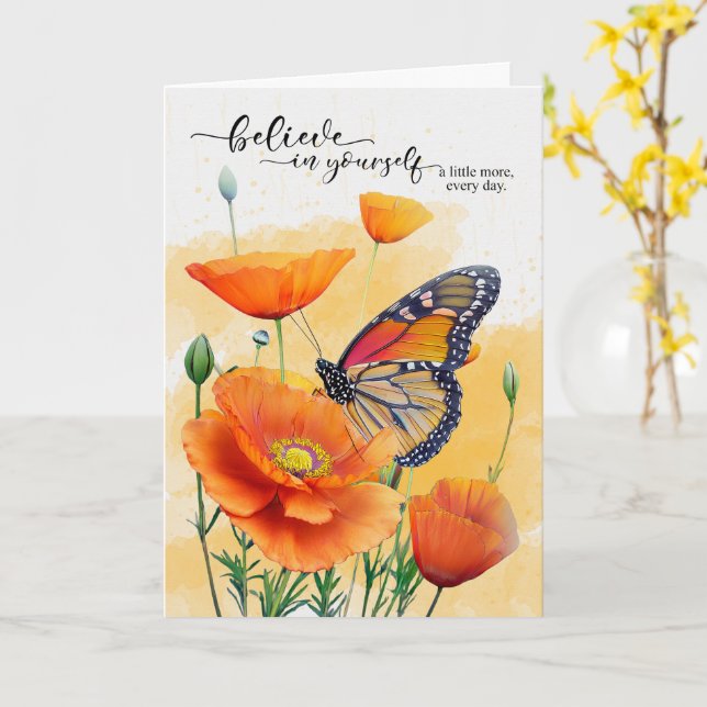 Carte Papillon Monarque d'Encouragement sur des Pavots (Fleur jaune)