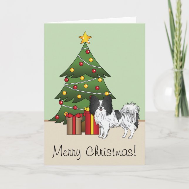 Carte Papillon Noir Et Blanc Près D'un Arbre De Noël (Devant)