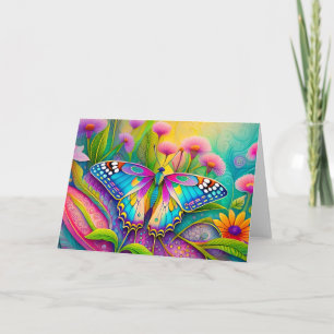 Carte Papillon Psychédélique Coloré et Fleurs Sauvages 