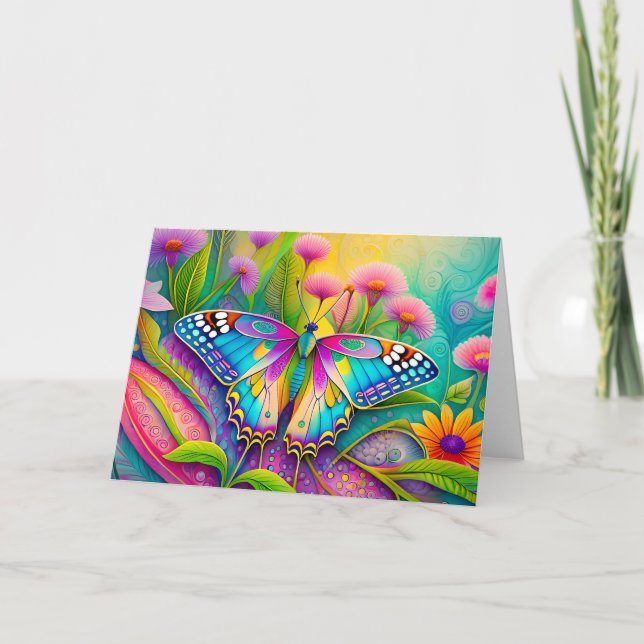 Carte Papillon Psychédélique Coloré et Fleurs Sauvages  (Devant)