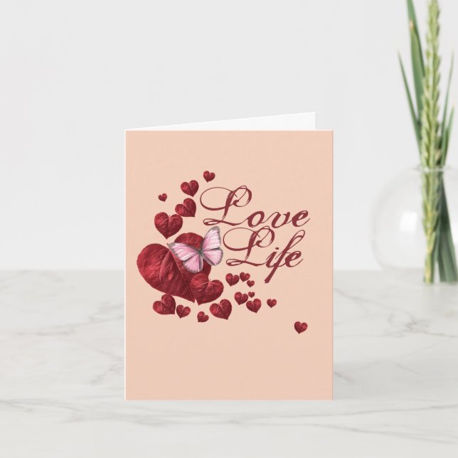 Carte Papillon Rose avec Feuilles en Forme de Cœur (Devant)