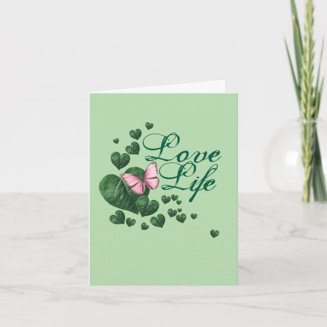 Carte Papillon Rose avec Feuilles en Forme de Cœur (Devant)