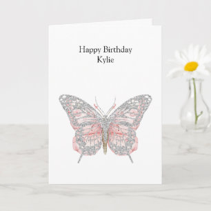 Carte Papillon rose Chic Argent Anniversaire