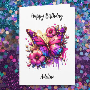 Carte Papillon rose et pourpre et fleurs Anniversaire