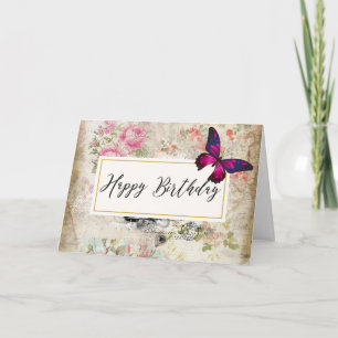 Carte Papillon rose et Shabby Roses Vintages Anniversair