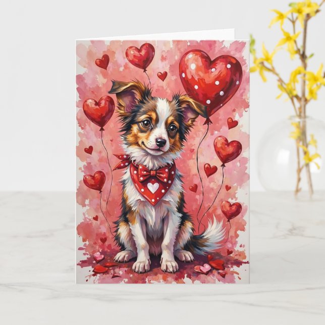 Carte Papillon Saint-Valentin Chien aux Cœurs Rouge (Fleur jaune)