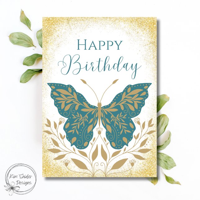 Carte Papillon sarcelle élégant, botanique, joyeux anniv (Créateur téléchargé)