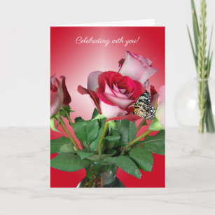 Carte papillon sur bouquet de rose