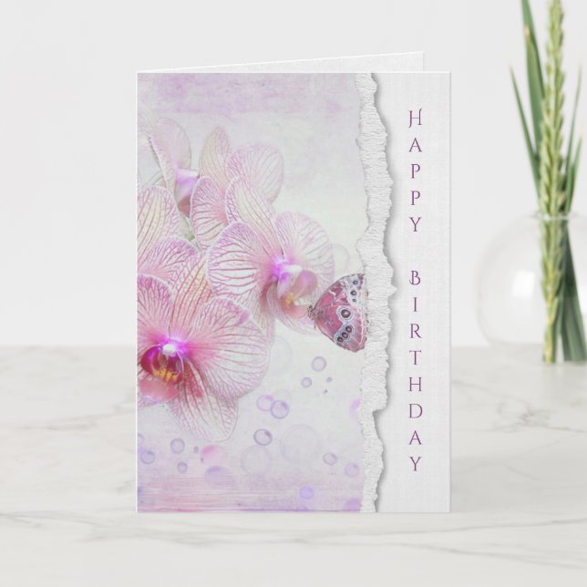 Carte papillon sur orchidée rose avec bulles (Devant)