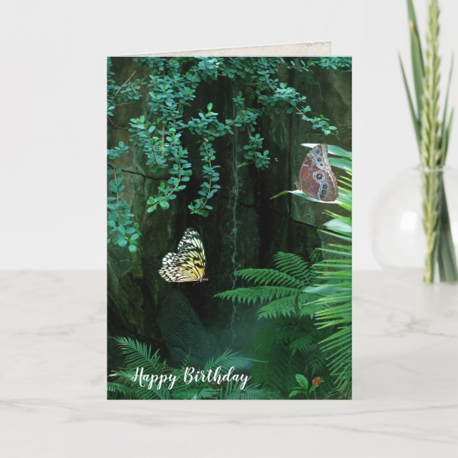 Carte papillons d'anniversaire dans un jardin tropical (Devant)