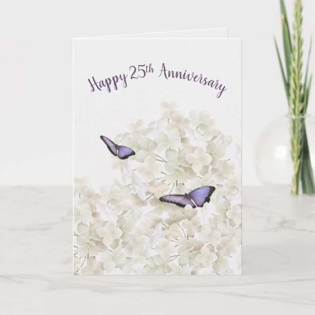 Carte Papillons du 25e anniversaire sur Hydrangea blanch (Devant)