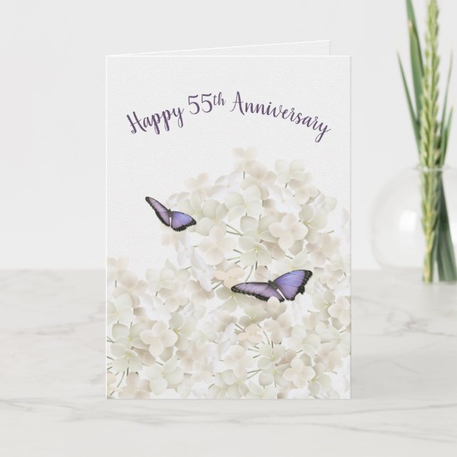 Carte Papillons du 55e anniversaire sur Hydrangea blanch (Devant)