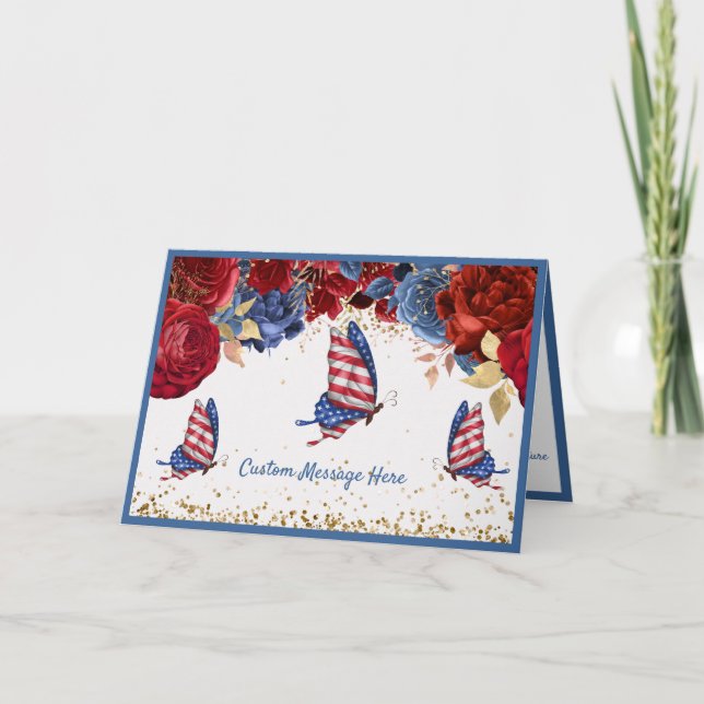 Carte Papillons du drapeau américain Fleurs de rose roug (Devant)