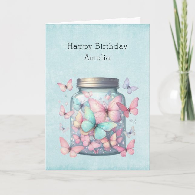 Carte Papillons Fantaisistes dans un Pot d'Anniversaire (Devant)