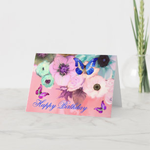 CARTE PAPILLONS, ROSES TEINTES DE ROSE ET DE TEAL ET FLE