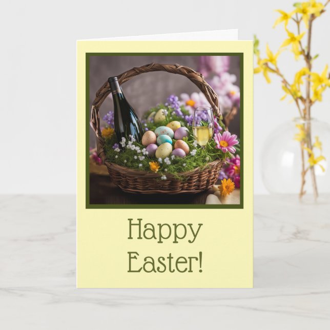 Carte Pâques avec panier œufs fleurs et vin  (Fleur jaune)