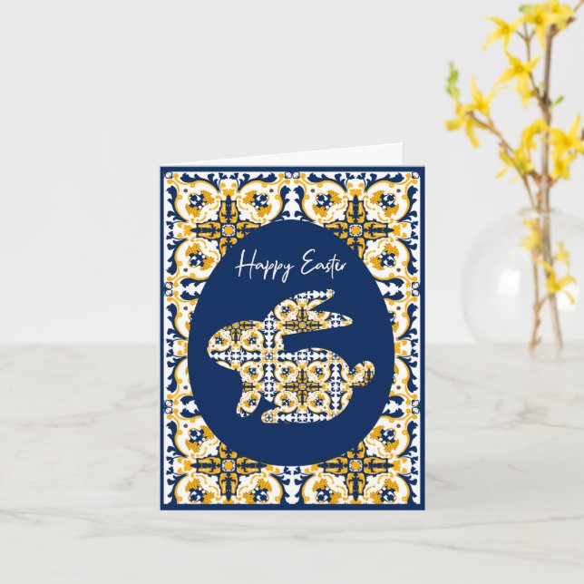 Carte Pâques 🐇 💙 💛 Belle Azulejos bleu et jaune (Fleur jaune)