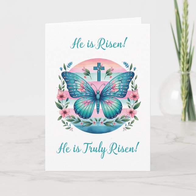 Carte Pâques Christian Risen Lord Butterfly en rose Turq (Devant)