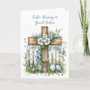 Carte Pâques de Godson Pence Blanc Fleurs Bleues Douces