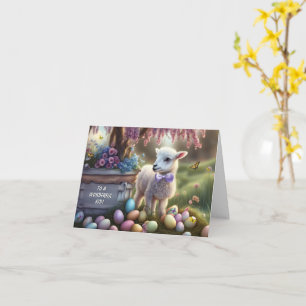 Carte Pâques enfants avec des œufs agneau fleurs mignonn