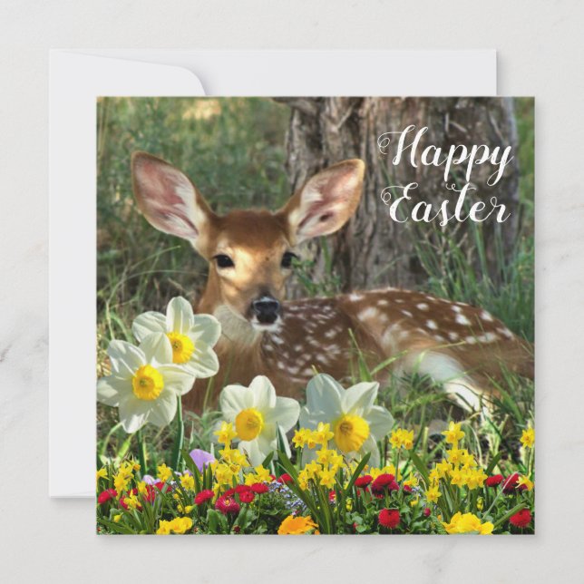 Carte Paques Fleur de printemps et faon de cerf Jour fér (Devant)